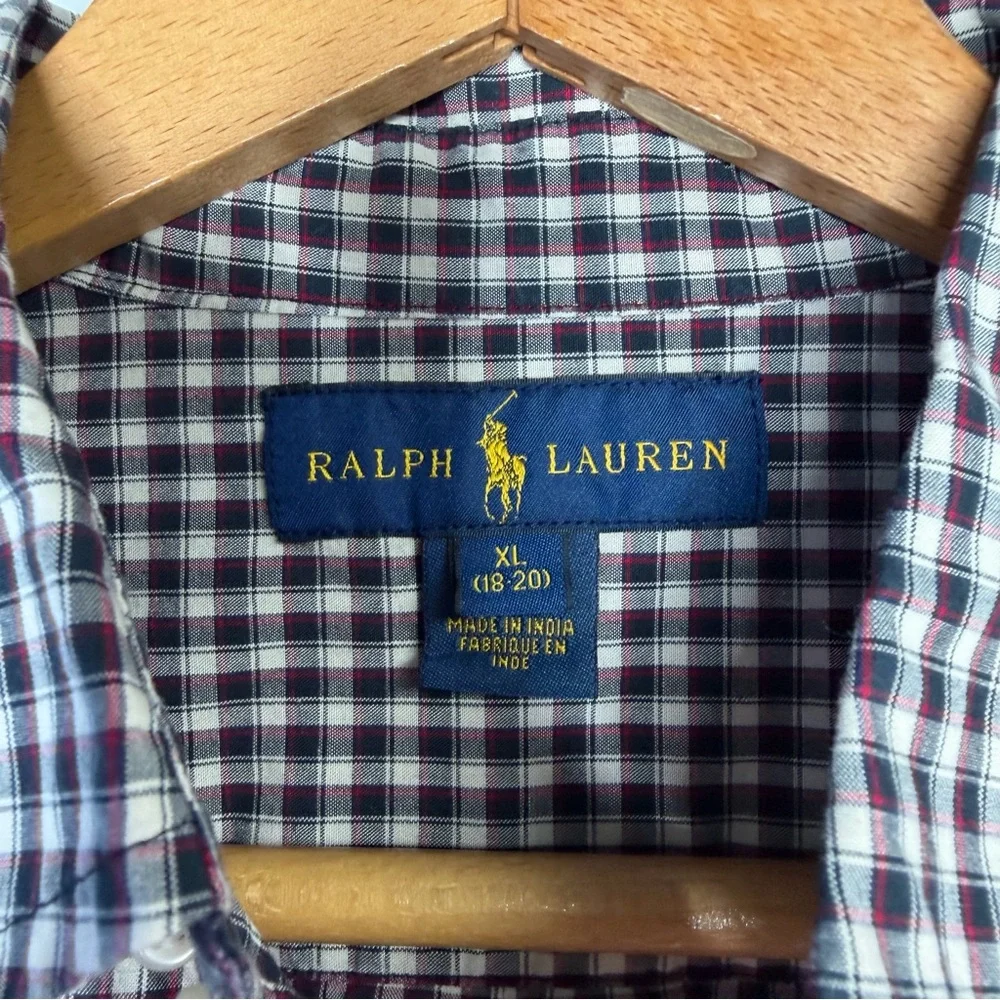 Ralph‎ Lauren Boys Size XL 18-20 Button Down Long Sleeve Shirt Navy Red Plaid